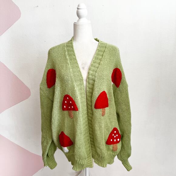 Green Mushroom Crochet Cardigan Y2K Fairycore Boho Cottagecore Fairy Grunge 2XL - Picture 1 of 7